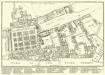 Een verkleinde kopie van Fishers grondplan van het Koninklijk Paleis van Whitehall, genomen tijdens het bewind van Karel II, 1680